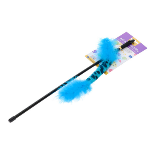 Niebieska zabawka dla kota kolorowa wędka z piórkami